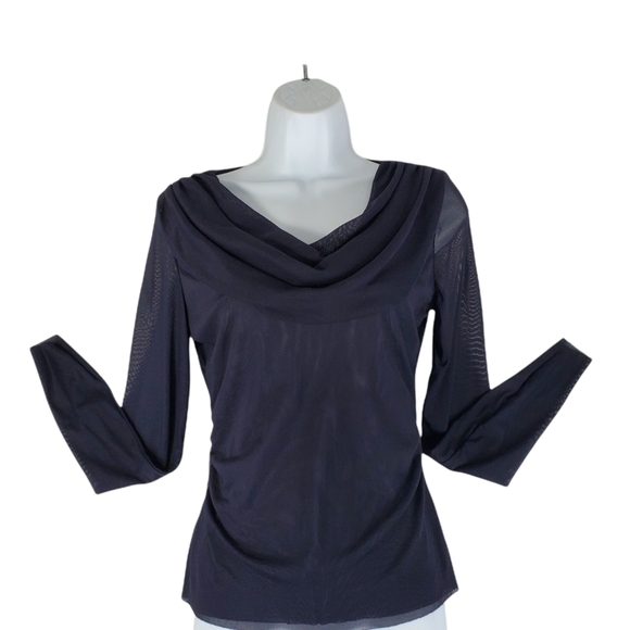 ATTENTION Stretch illusion net Cowl Neck Black Long Sleeve Top Sz M - Picture 1 of 9